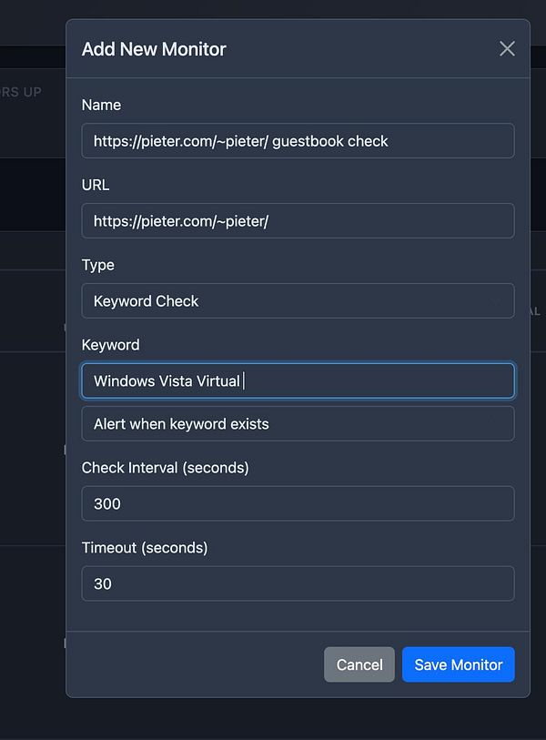 The image displays a user interface for adding a new monitor in a web application.