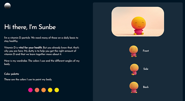 A cheerful character named Sunbe is introduced on a dark-themed webpage, showcasing its importance and color palette.