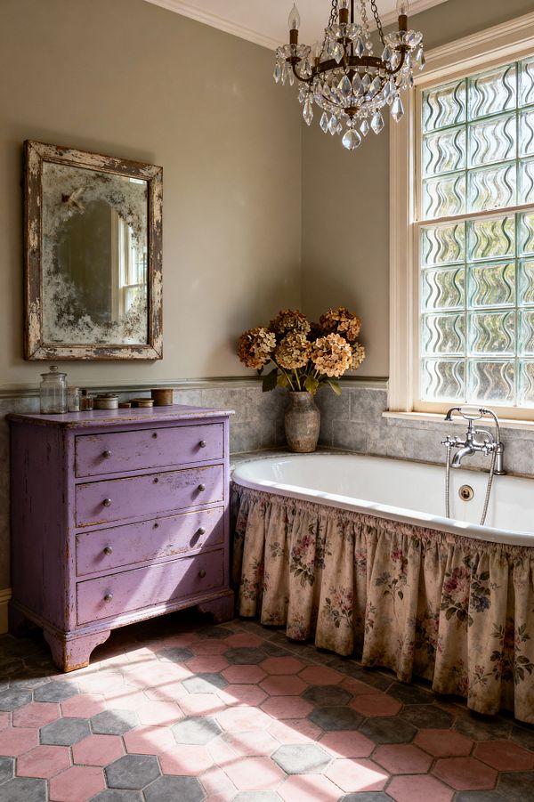 A sunlit shabby-chic bathroom features a white tub wrapped in a gathered floral skirt, set against gray tile wainscoting and greige walls. At left, a distressed lavender dresser holds small jars beneath a foxed antique mirror, while a brass-and-crystal chandelier and a glass-block window cast patterned light onto pink and charcoal hexagon floor tiles; chrome taps and dried hydrangeas add vintage touches.