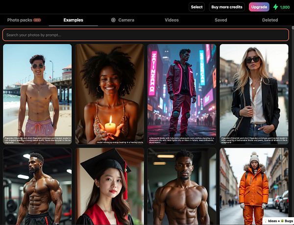 The image displays a grid of diverse model photographs in an online interface labeled 'Examples'.