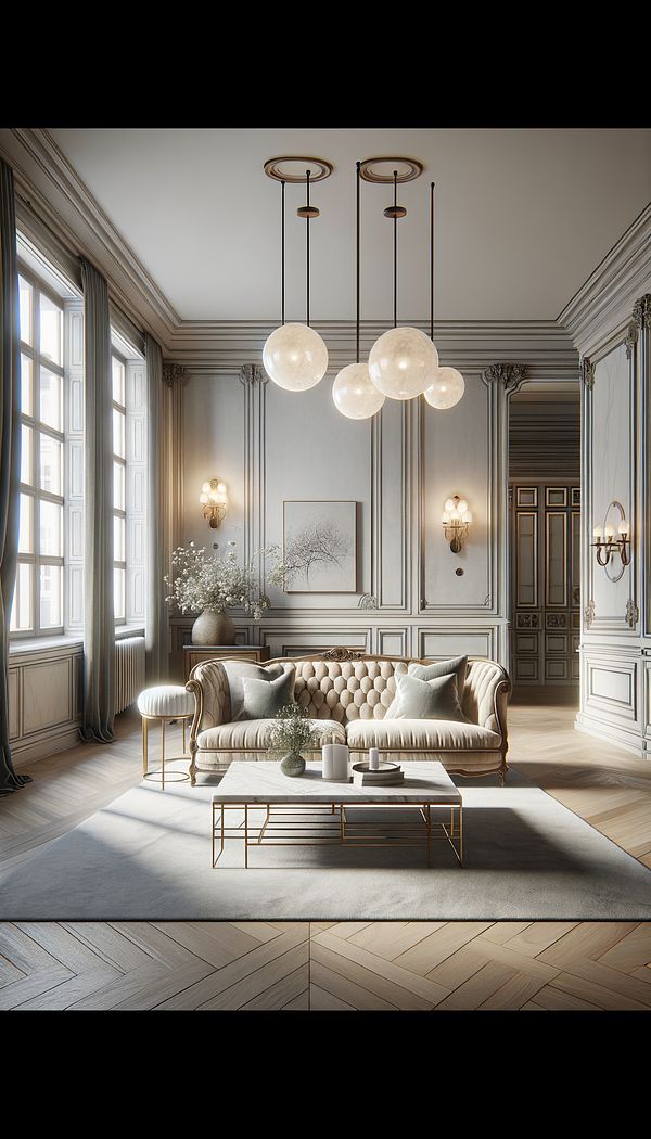 A spacious living room showcasing European style with a blend of a vintage French sofa, Italian marble coffee tables, and Scandinavian-inspired lighting fixtures.