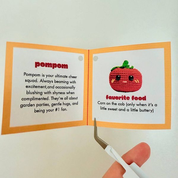 A personality card featuring a character named Pompom and their favorite food.