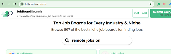 Screenshot of the jobboardsearch.com homepage showing the site header, search bar, and introductory text about niche job boards.