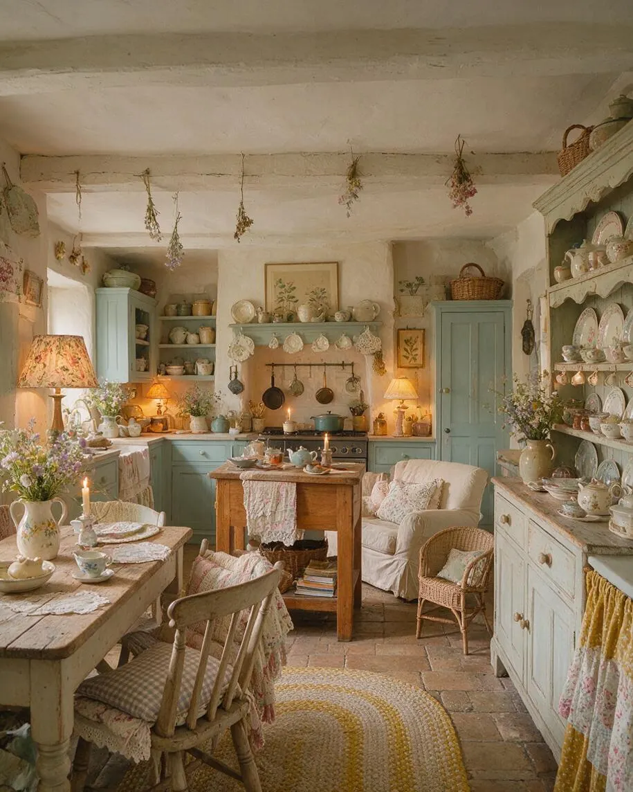 A cozy cottagecore kitchen with distressed pale blue cabinets, open shelving filled with floral plates and ceramics, and a rustic wooden table at the center. The room has exposed white beams, dried flowers hanging from the ceiling, warm lamplight, and soft textiles that create a nostalgic, handmade feel.