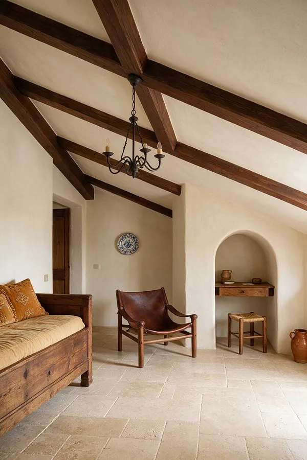 A Mediterranean-style studio apartment with exposed dark wood ceiling beams, cream plaster walls, and a pale stone-tile floor. The room includes a wooden daybed with warm cushions, a leather lounge chair, a small built-in niche desk, and a wrought-iron chandelier overhead.