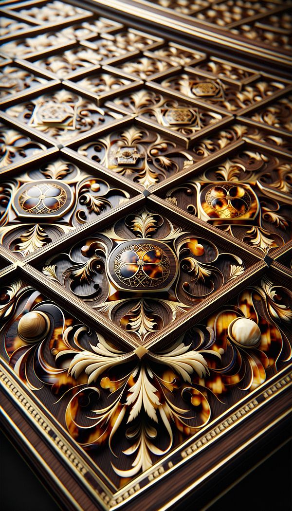 a close-up image of a Boulle marquetry detailed inlay showcasing the intricate patterns of brass and tortoiseshell on a wooden background