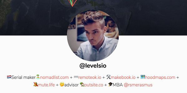 The image displays a Twitter profile with a photo and bio of a user named @levelsio.