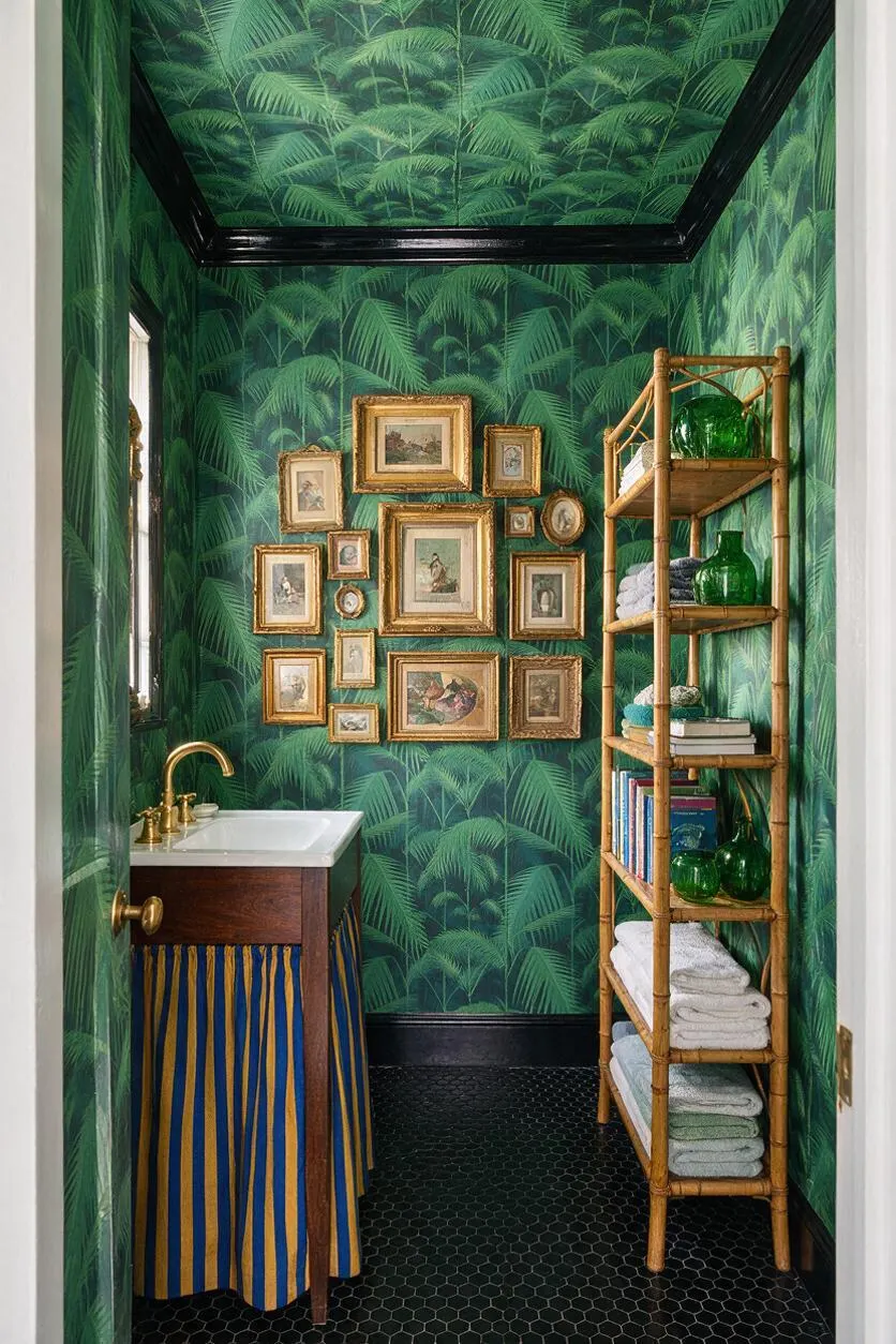 A narrow powder room with lush green palm-print wallpaper covering the walls and ceiling, accented by black trim and a black hex tile floor. A small wood vanity with a white sink and brass faucet sits on the left, while a bamboo shelving unit with folded towels and green glass decor stands on the right. A clustered gallery wall of ornate gold-framed artwork adds layered, maximalist character.