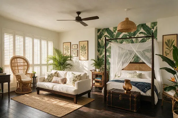 A tropical-style studio apartment with a canopy bed, sheer white drapes, rattan and wicker seating, and large leafy plants. The room includes dark wood flooring, a cream sofa, woven pendant light, botanical wall art, and a palm-print accent wall lit by soft natural light.
