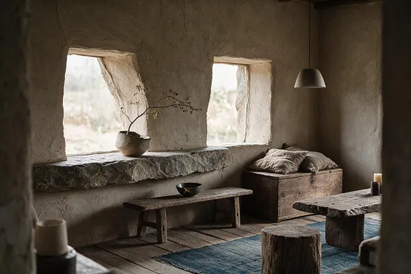 A serene sunroom with plaster walls, two small arched windows, and a long rough stone ledge beneath them. The room includes a weathered wooden bench, a rustic chest with cushions, a pendant light, a tree branch in a ceramic vase, and a muted blue rug over worn wood flooring.