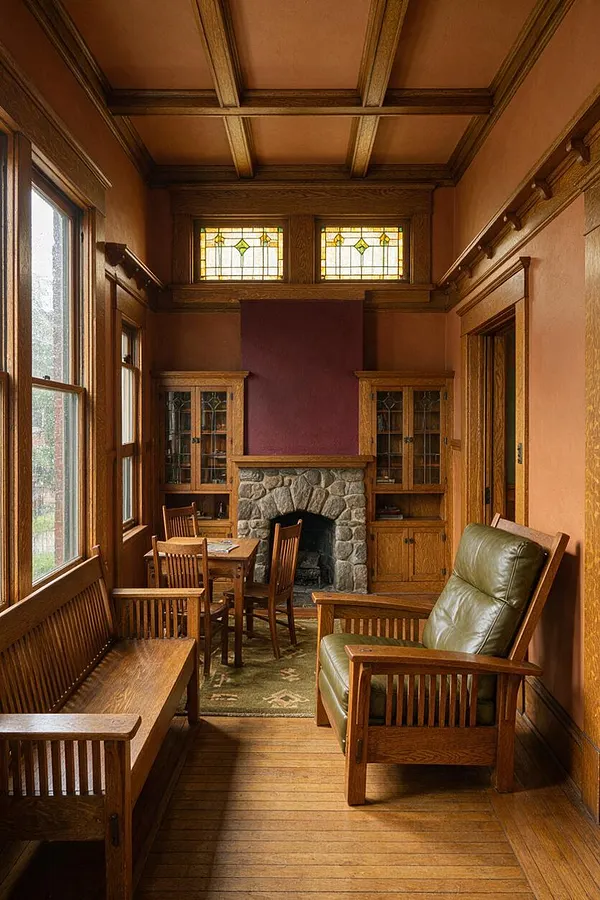 A narrow Craftsman-style living room with rich wood paneling, a coffered ceiling, and stained glass transoms above a central stone fireplace. Wooden benches, a small table with chairs, and a green leather armchair create a cozy seating arrangement along the room’s length.