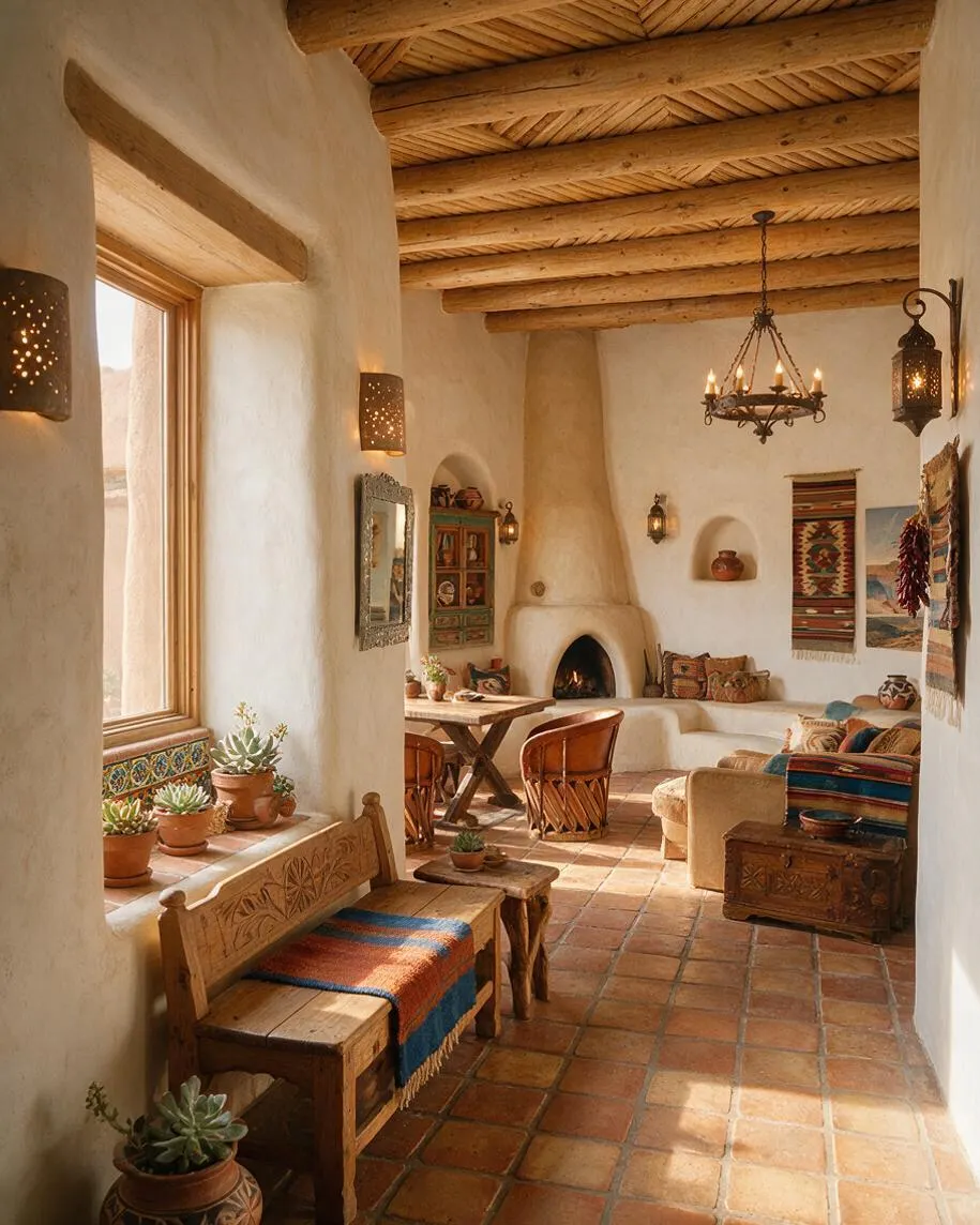 A warm Southwestern sunroom with white adobe walls, a terracotta tile floor, and exposed wooden ceiling beams. The room includes a built-in fireplace, rustic wooden and wicker furniture, patterned textiles, potted succulents, and decorative lantern-style wall sconces.