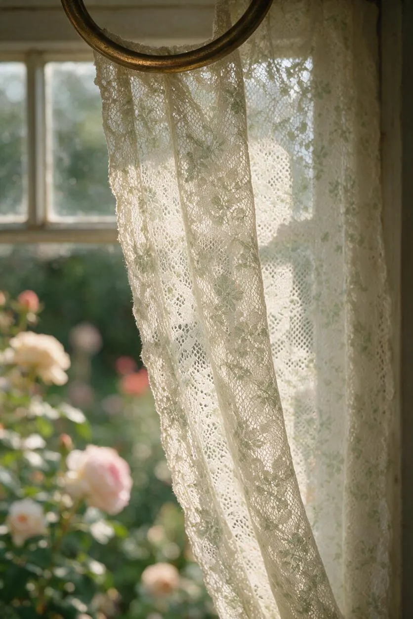 Sheer cream lace curtains hang beside a window, with warm sunlight glowing through the delicate floral pattern. A blurred garden with soft pink and white flowers is visible outside, creating a romantic cottagecore atmosphere.