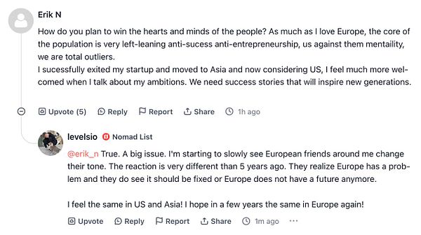 A discussion on entrepreneurial challenges in Europe, featuring comments from two users on a platform.