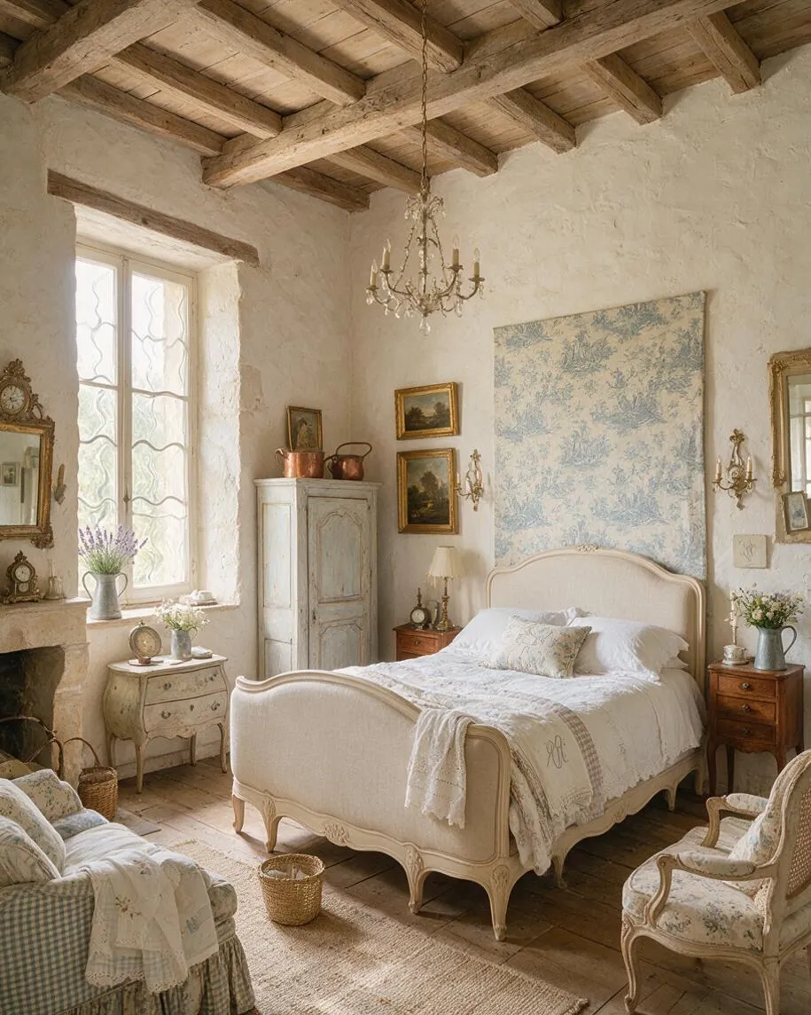 A French Country master bedroom with a carved cream upholstered bed centered on a pale floral tapestry panel, white plaster walls, and rustic exposed wood ceiling beams. The room includes an antique wardrobe, small wood nightstands, gilt-framed art, a chandelier, and soft neutral textiles layered over aged wood floors.
