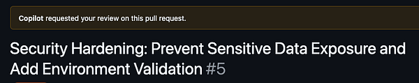 A pull request interface displaying a request for review on a security hardening task.