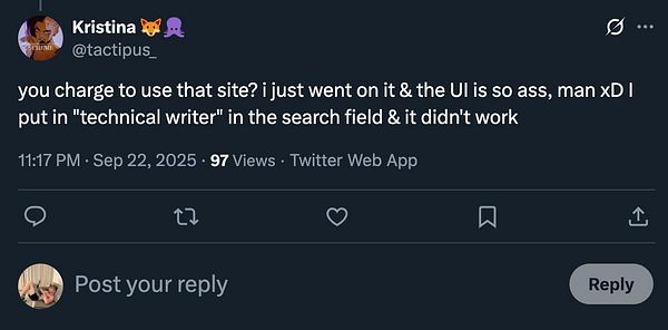 A Twitter post expressing frustration with a website's user interface and search functionality.