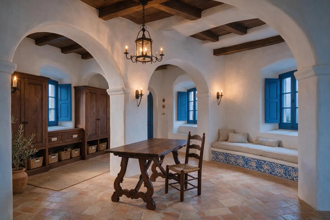 A Mediterranean-style closet room with white stucco walls, rounded arches, dark wooden ceiling beams, and terracotta tile flooring. The space includes wooden wardrobes, wicker storage baskets, blue shuttered windows, a central wooden table and chair, and a built-in bench with patterned tile facing.