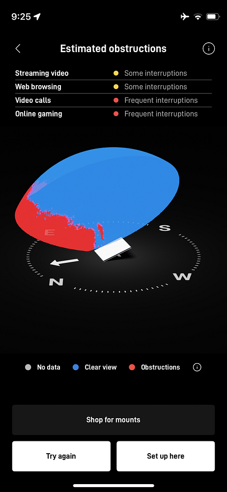 The image displays a 3D model indicating estimated obstructions for satellite connectivity.
