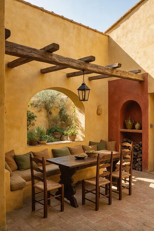 A Mediterranean-style patio with warm ochre stucco walls, a terracotta tile floor, and heavy rustic wood beams overhead. A long built-in bench with earthy cushions and pillows wraps beneath an arched opening, while a dark wooden dining table and woven-seat chairs sit in the foreground. A recessed red niche holds pottery and stacked firewood, adding a cozy, handmade feel.