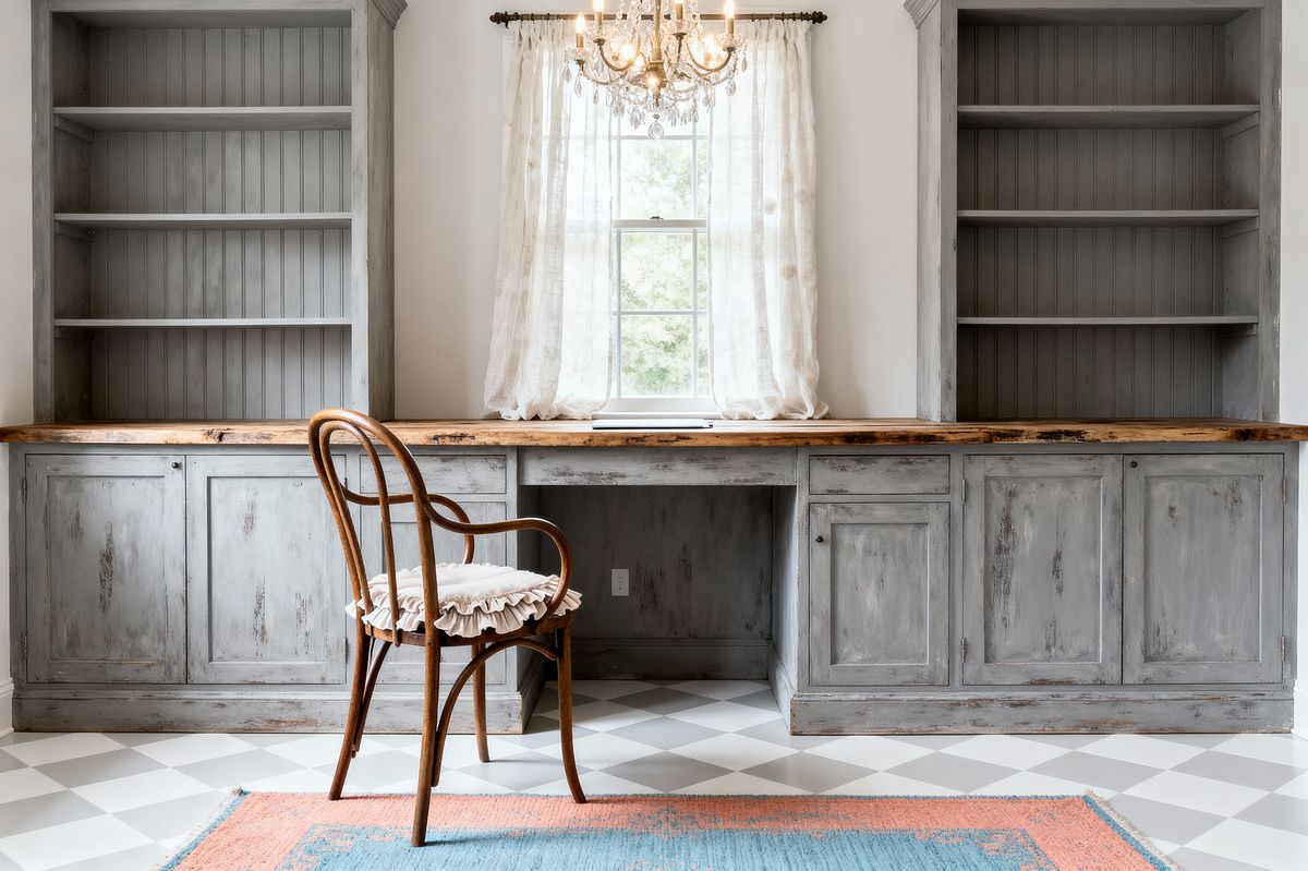 Room AI – Shabby Chic Office with Distressed Gray Built-ins - Interior