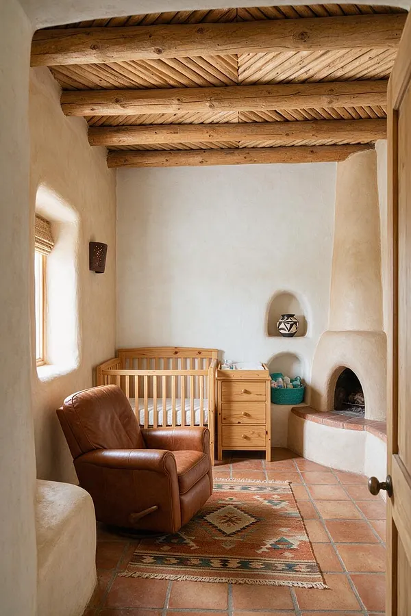 A cozy Southwestern nursery with smooth white adobe-style walls, exposed log and wood-plank ceiling beams, terracotta tile flooring, and a warm leather recliner. The room includes a light wood crib, a small matching dresser, built-in wall niches, and a soft patterned rug, creating a calm, earthy atmosphere.