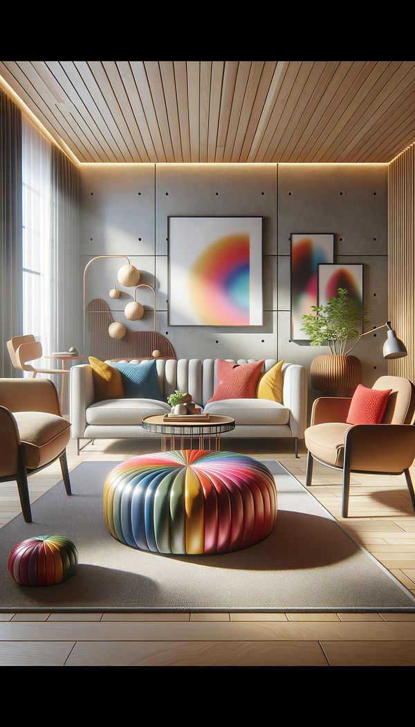 A stylish living room with a vibrant ottoman used as a coffee table, surrounded by a sofa and two chairs.