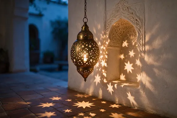 A hanging Moroccan metal lantern with pierced star cutouts glows against a white stucco wall, casting star-shaped light patterns onto the floor and a carved niche. The scene feels warm and atmospheric, with terracotta tiles and an intimate evening ambiance.