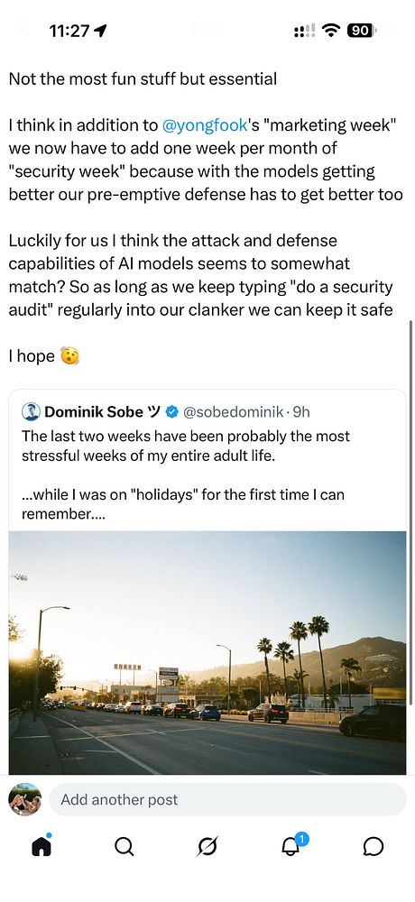 Screenshot of a social media post discussing the importance of periodic security audits with AI models, including a quoted tweet about stressful weeks while on holidays.