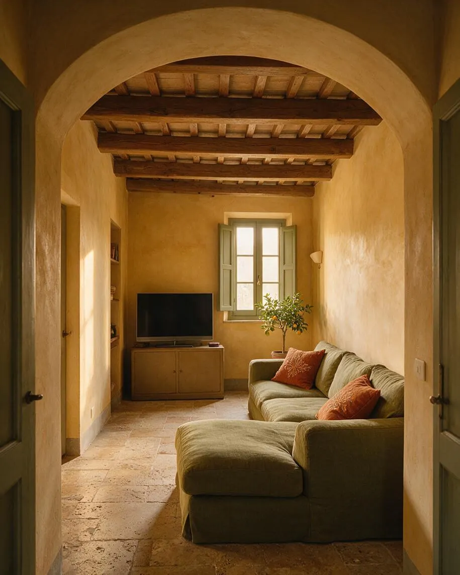 A narrow Mediterranean-style media room with warm plaster walls, an arched entry, and exposed dark wood ceiling beams. A green sectional sofa with rust-colored pillows faces a small TV on a wooden cabinet, with a sunlit window, terracotta flooring, and a potted tree adding a cozy, natural feel.