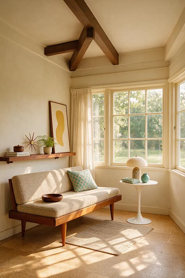 A sunroom in a mid-century modern style with cream walls, a wood beam ceiling detail, and large corner windows bringing in soft natural light. The space includes a low teak-framed sofa with textured beige upholstery, a small white pedestal side table, a woven rug, and simple decorative objects on a floating wood shelf.
