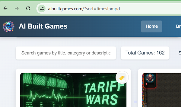 The image displays a webpage for 'AI Built Games' featuring a search bar and game listings.