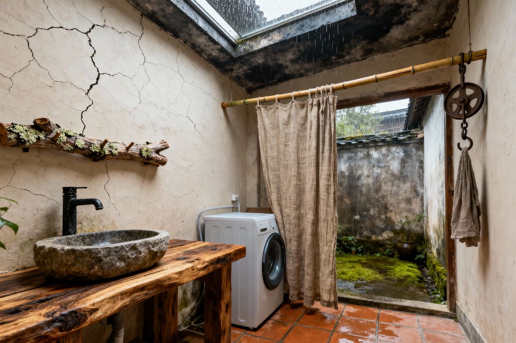 A small laundry room features cracked beige plaster walls, a rough-hewn wood counter with a carved stone vessel sink and matte black faucet, and a white front-loading washing machine. A bamboo rod suspends a natural linen curtain; an iron pulley holds a towel. The terracotta tile floor leads to an open-air courtyard with mossy paving and a potted plant, while a skylight above admits rain and daylight, emphasizing the weathered patina and simple, natural materials.