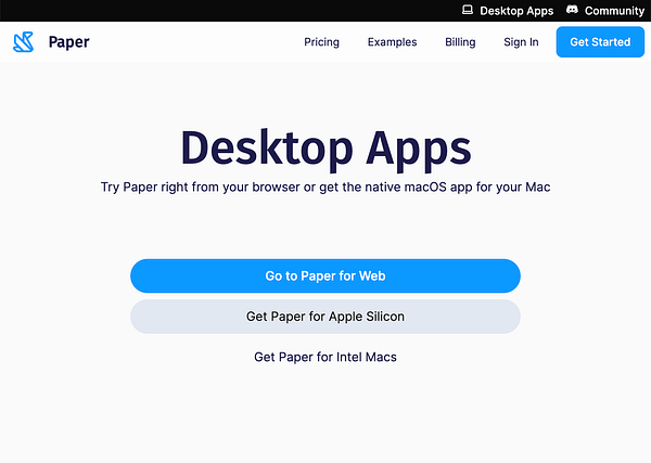 The image displays a webpage for the Paper app, focusing on desktop app options for Mac users.
