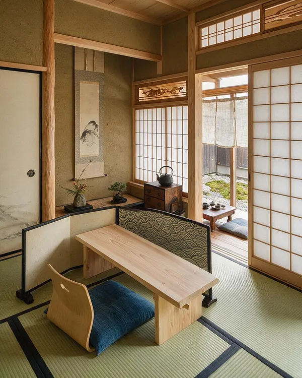 A serene Japanese-style interior opening to a small backyard, with shoji screens, tatami mats, a low wooden table, and floor cushions. Natural wood beams, a hanging scroll, and a tea set create a calm, minimalist atmosphere overlooking a mossy garden beyond the open doorway.