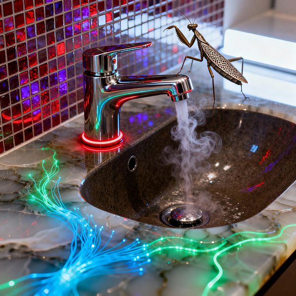 Close-up of a cyberpunk-inspired kitchen sink with a polished chrome single-lever faucet glowing with a red LED ring. Hot water flows into a dark stone undermount basin, creating steam. The countertop appears translucent onyx with embedded blue and green fiber-optic lighting tracing circuit-like lines. A glossy glass mosaic backsplash in ruby, magenta, and purple reflects neon hues, while a brass praying mantis sculpture sits near the faucet.