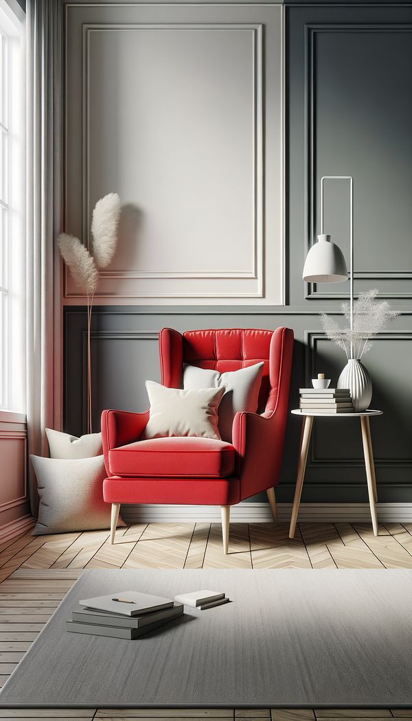 A cozy reading nook with a light gray color scheme, featuring a vibrant red armchair as the accent piece among neutral throw pillows and a small, white side table.