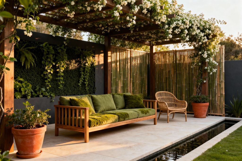 An outdoor patio beneath a timber pergola draped in white flowering vines features a wooden sofa with deep green cushions and a curved rattan chair. A bamboo privacy screen lines one side, a living wall with ferns and trailing plants greens the backdrop, and terracotta planters sit on pale limestone tiles. A narrow reflecting water channel runs along the patio edge, all softly lit by late-afternoon sun.