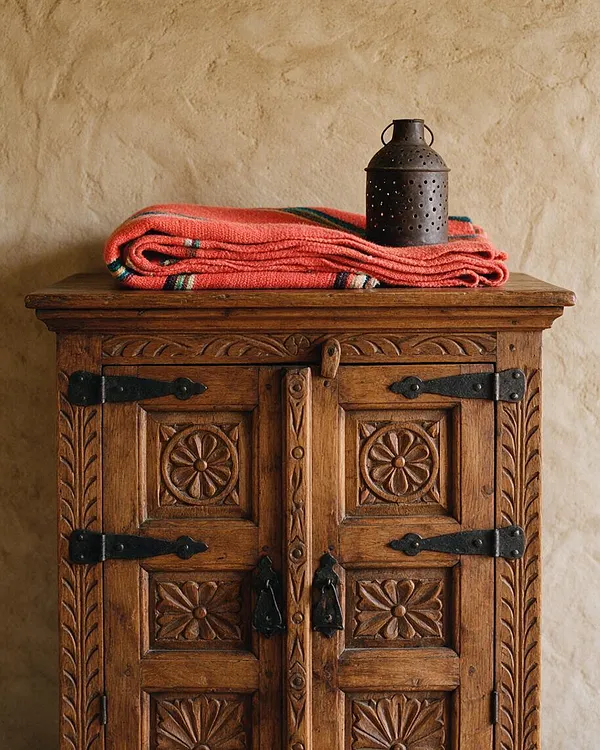 A rustic carved wooden cabinet stands against a textured tan plaster wall. A folded coral-red woven blanket with small stripe accents and a dark perforated metal lantern sit on top, highlighting the Southwestern style.