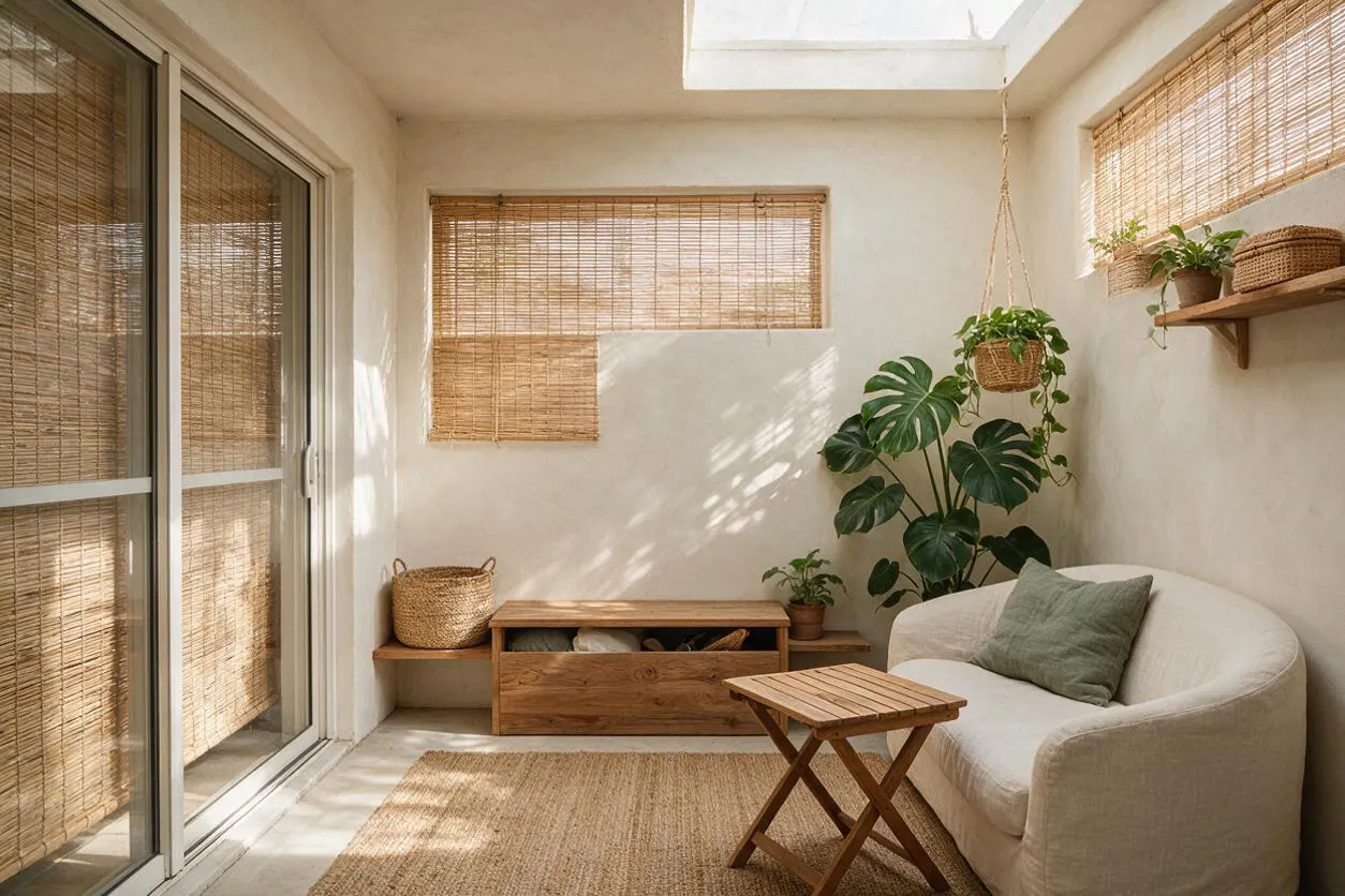 A small backyard seating area with a cream curved sofa, wooden side table, woven rug, and lots of natural textures. Bamboo blinds, potted plants, a hanging basket planter, and a skylight create a warm, airy biophilic feel.