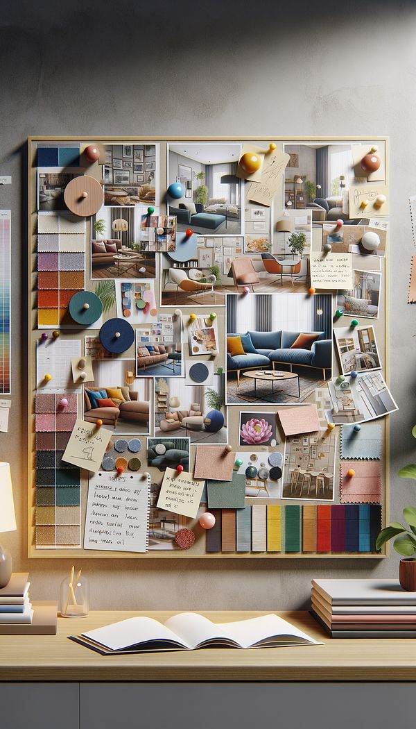a visual collage of images, color swatches, textiles, and notes, all pinned to a board, representing the concept of a modern living room