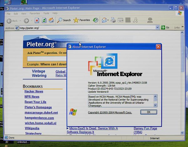 Screenshot of Internet Explorer 6 with an XP-styled desktop background.