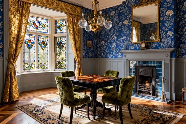 Victorian dining room with a bay window of stained glass framed by gold damask drapes, casting colored light onto a square ebonized table with a marquetry top and four tufted green velvet chairs. Cobalt floral wallpaper above gray wainscoting surrounds a gray mantel with blue glazed tiles and a cast-iron fire, topped by a gilded mirror; a brass globe chandelier hangs above, with herringbone oak flooring and a floral rug completing the layered space.