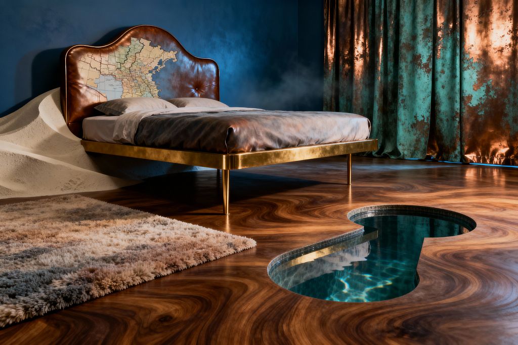 A Surrealist bedroom featuring a brass platform bed with a tufted leather headboard printed with a vintage-style map set against deep teal walls. A sculpted dune-like plaster form rises behind the bed, swirling walnut flooring frames a keyhole-shaped recessed water feature lined with mosaic tile, a high-pile neutral shag rug softens the foreground, and metallic turquoise-and-copper drapery glows in moody, low light with a faint mist.
