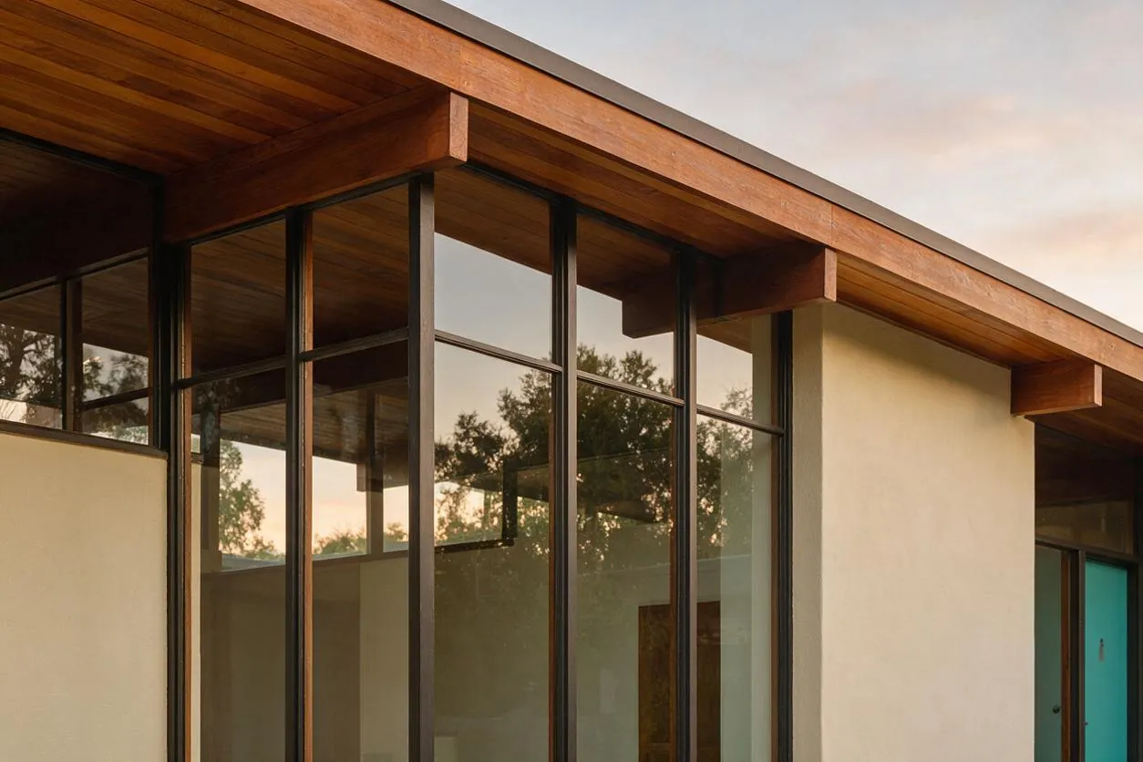 A mid-century modern house exterior with a low, horizontal roofline and deep wood eaves extending over tall steel-framed glass windows. Smooth cream stucco walls contrast with the warm wood soffit and dark window frames, while the glass reflects trees and a soft sunset sky.