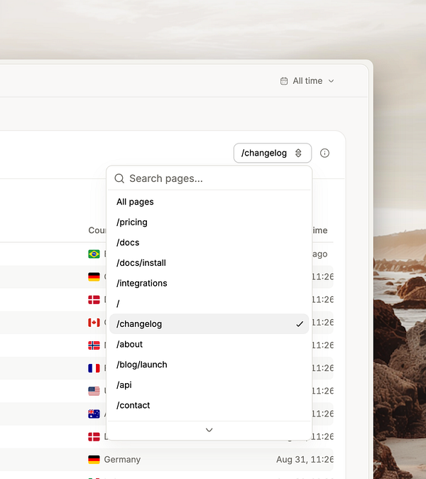 Screenshot of an Activity log interface with a search box and a filter dropdown menu for events and pages.