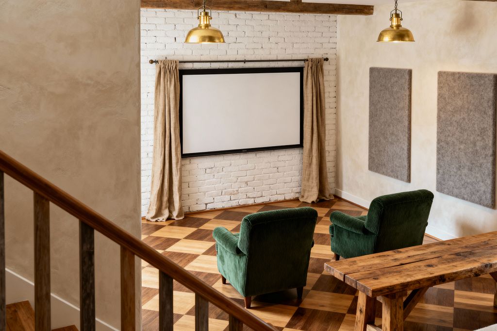 A cozy farmhouse-style media room features two deep green armchairs facing a wall-mounted projection screen on a white-painted brick wall, flanked by natural linen curtains on a black rod. The room shows a checkerboard hardwood floor, cream plaster walls with two gray acoustic panels, and exposed wood beams. Two brass dome pendants hang overhead while a reclaimed-wood trestle bench sits to the side, creating a warm, intimate viewing area with layered textures and an earthy, neutral palette.
