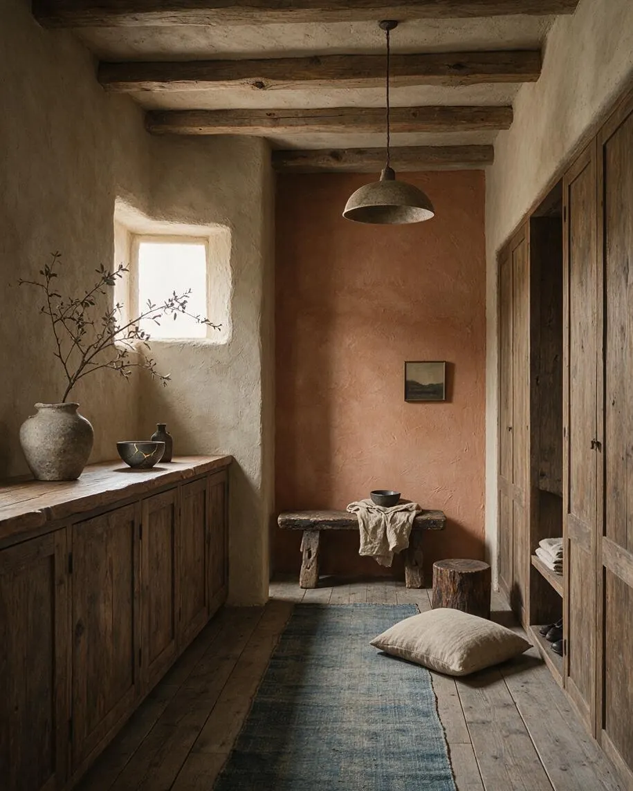 A narrow wabi-sabi style closet with rough plaster walls, exposed wooden ceiling beams, and weathered wood cabinetry. A small window brings in soft daylight, highlighting a rustic bench, ceramic vessels, a muted blue runner, and a simple pendant light.