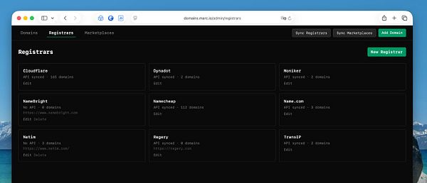 Interface for adding and managing registrars with fields for name, domain price, DNS price, and minimal top-up amount.