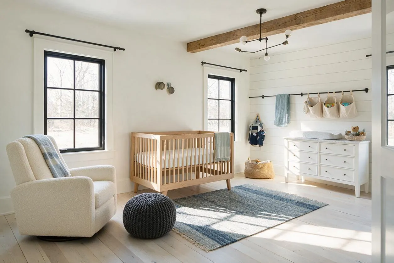 A bright farmhouse-style nursery with white shiplap walls, black-trimmed windows, and a natural wood crib centered against the back wall. The room includes a cream upholstered rocking chair, a blue-gray area rug, woven storage baskets, and a white dresser with nursery accessories, all lit by soft daylight and a simple black metal chandelier.